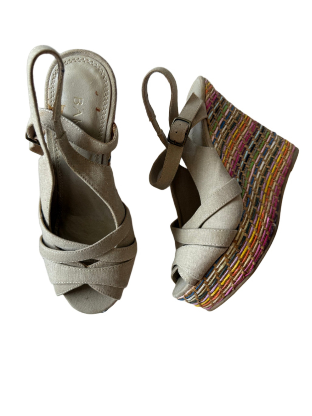 Womens Bakers Tan Peep Toe Rainbow Basket Weave Style Wedges Women size 7